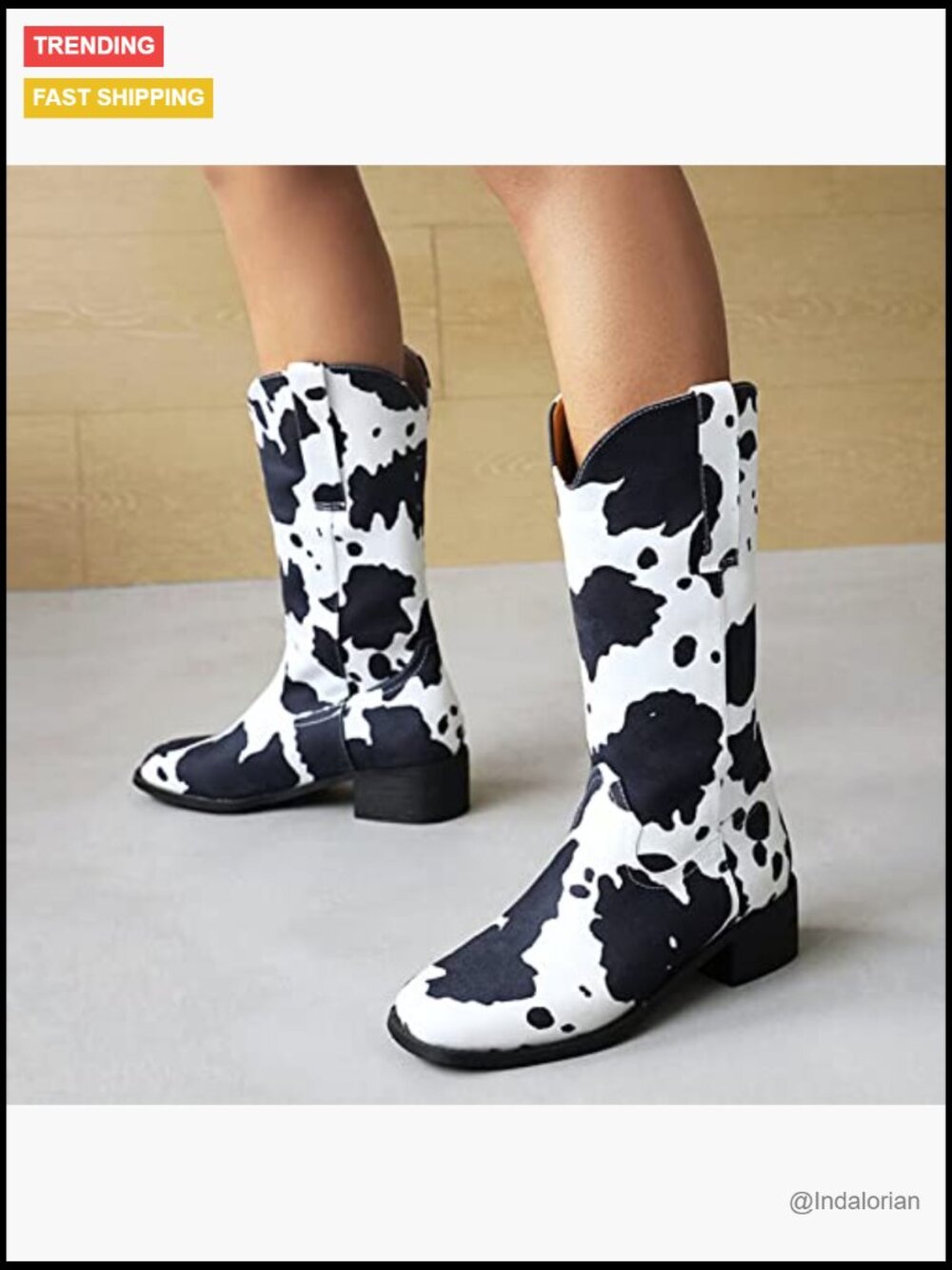 Synthetic Cow Print Mid Calf Cowboy Boots Chunky Heel Plus Size - Picture 3 of 7